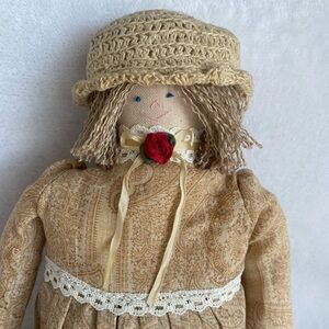 Vtg Handmade‎ Long Rag Cloth Girl Doll Crochet Hat Gloves Yellow Dress Prarie